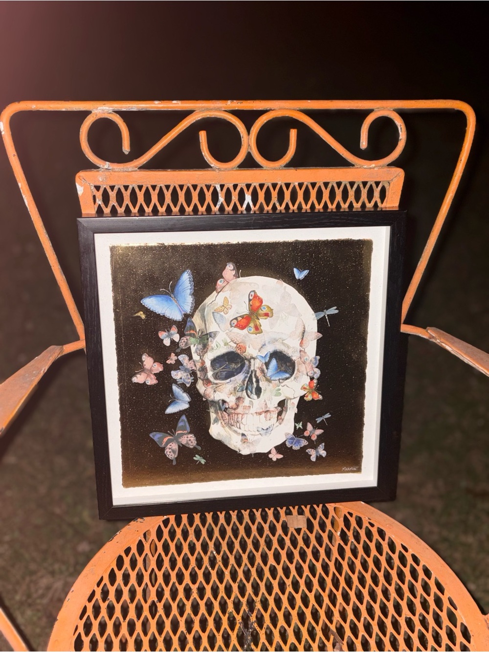 Halloween Skull and Butterflies Art Print - Black, White, Blue, Orange#goth#gore